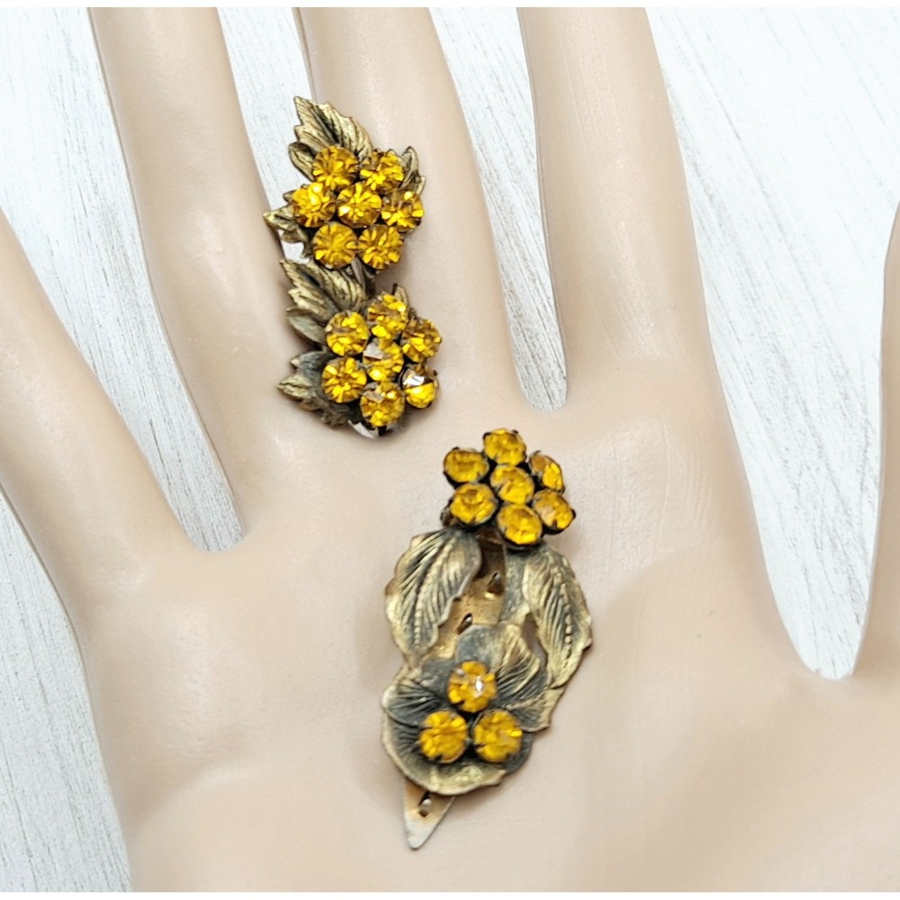 Vintage Art Deco Floral Dress Clip and Screwback Earrings Set Orange Rhinestones - Picture 2 of 8